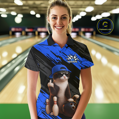 Custom Funny Cat Blue Bowling Jersey for Women Bowling Polo & 1/4 Zip Bowling Team Shirts HNT198