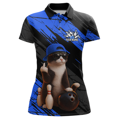 Custom Funny Cat Blue Bowling Jersey for Women Bowling Polo & 1/4 Zip Bowling Team Shirts HNT198