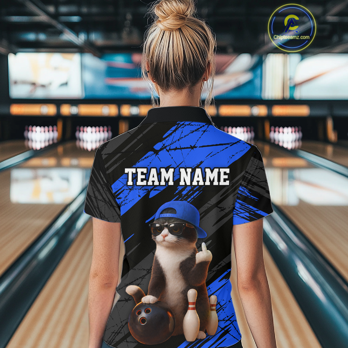 Custom Funny Cat Blue Bowling Jersey for Women Bowling Polo & 1/4 Zip Bowling Team Shirts HNT198