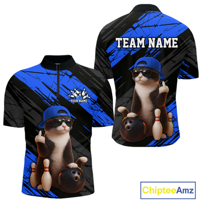 Custom Funny Cat Blue Bowling Jersey for Men Bowling Polo & 1/4 Zip Bowling Team Shirts HNT198