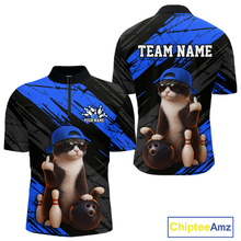 Load image into Gallery viewer, Custom Funny Cat Blue Bowling Jersey for Men Bowling Polo &amp; 1/4 Zip Bowling Team Shirts HNT198