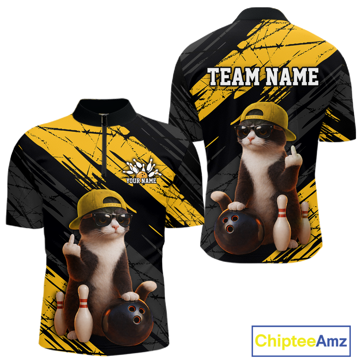 Custom Funny Cat Yellow Bowling Jersey for Men Bowling Polo & 1/4 Zip Bowling Team Shirts HNT198