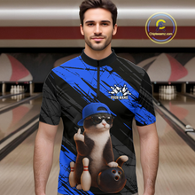Load image into Gallery viewer, Custom Funny Cat Blue Bowling Jersey for Men Bowling Polo &amp; 1/4 Zip Bowling Team Shirts HNT198