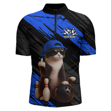 Load image into Gallery viewer, Custom Funny Cat Blue Bowling Jersey for Men Bowling Polo &amp; 1/4 Zip Bowling Team Shirts HNT198