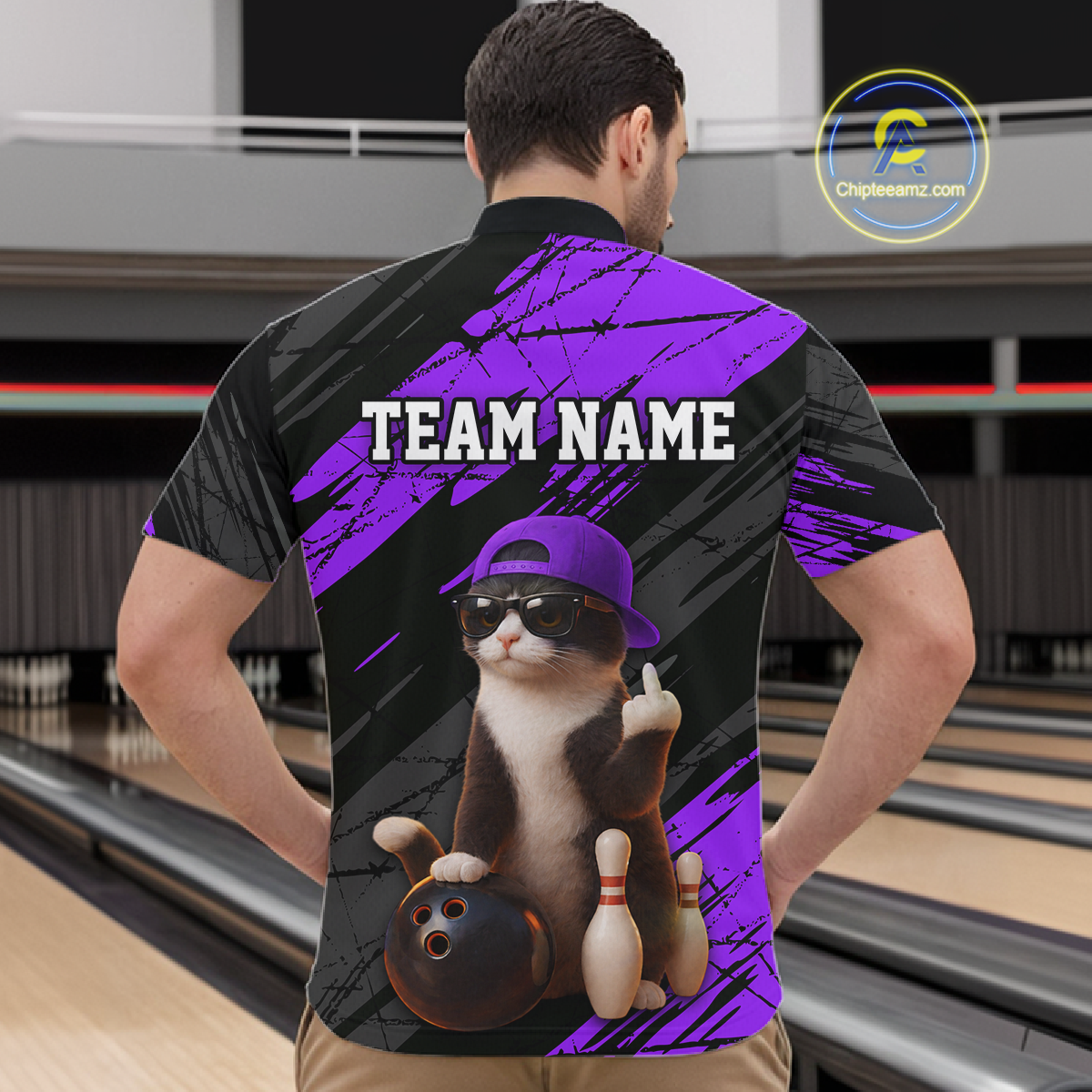 Custom Funny Cat Purple Bowling Jersey for Men Bowling Polo & 1/4 Zip Bowling Team Shirts HNT198