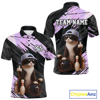 Custom Funny Cat Holographic Bowling Jersey for Men Bowling Polo & 1/4 Zip Bowling Team Shirts HNT198