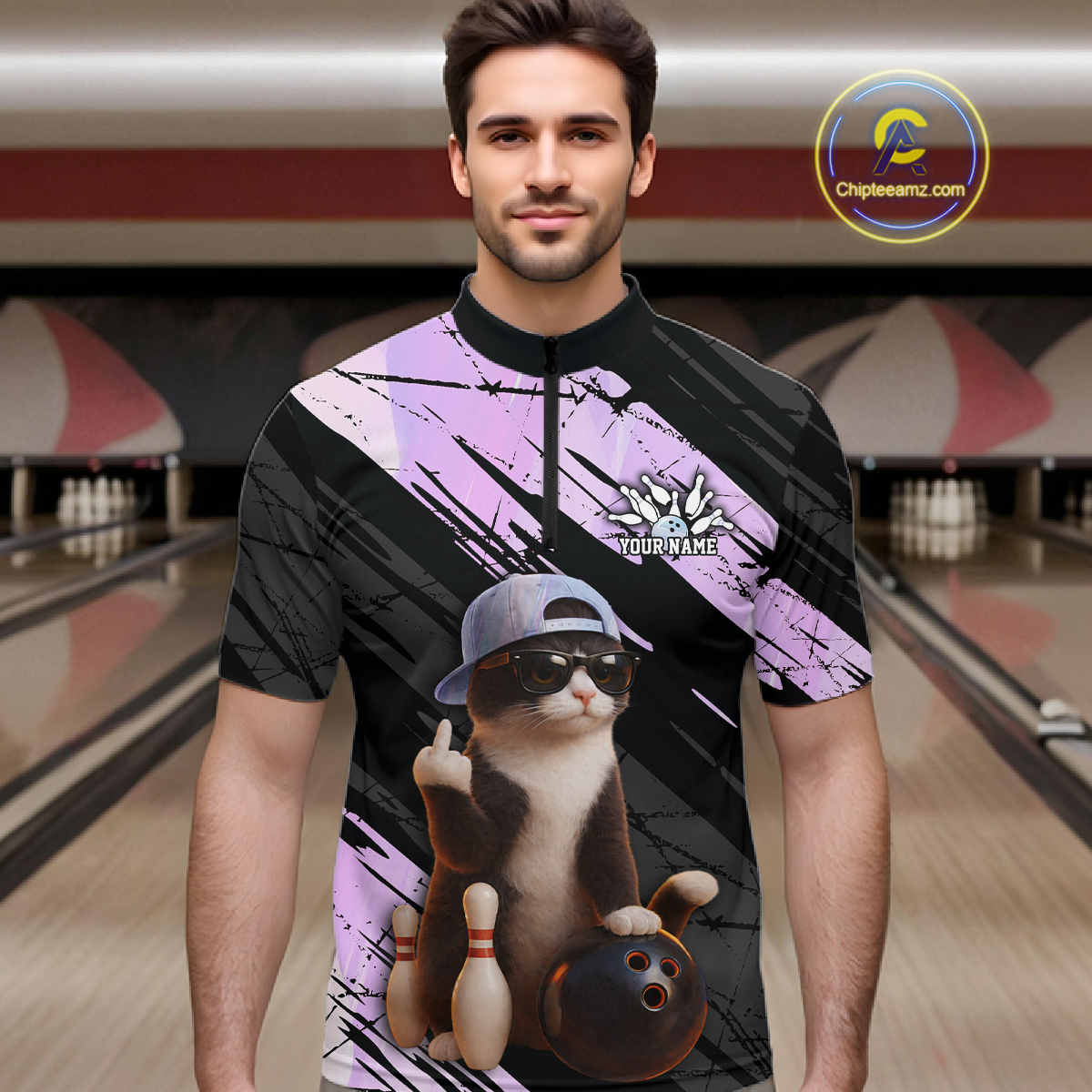 Custom Funny Cat Holographic Bowling Jersey for Men Bowling Polo & 1/4 Zip Bowling Team Shirts HNT198