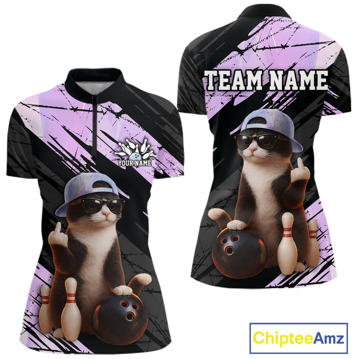 Custom Funny Cat Holographic Bowling Jersey for Women Bowling Polo & 1/4 Zip Bowling Team Shirts HNT198