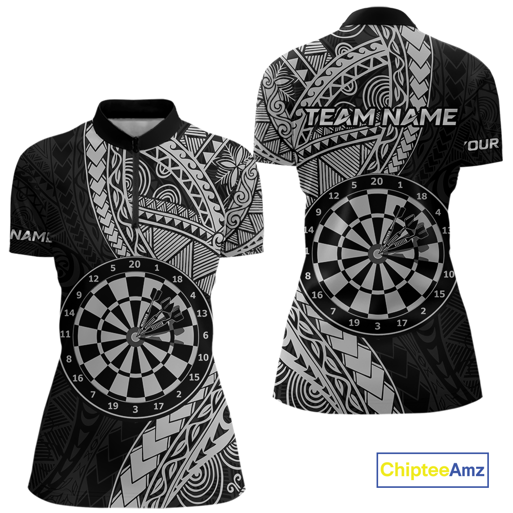 Custom White Tribal Dart Shirts for Women Dart Team Jersey Dartboard Gifts Polo & 1/4 Zip NNT163