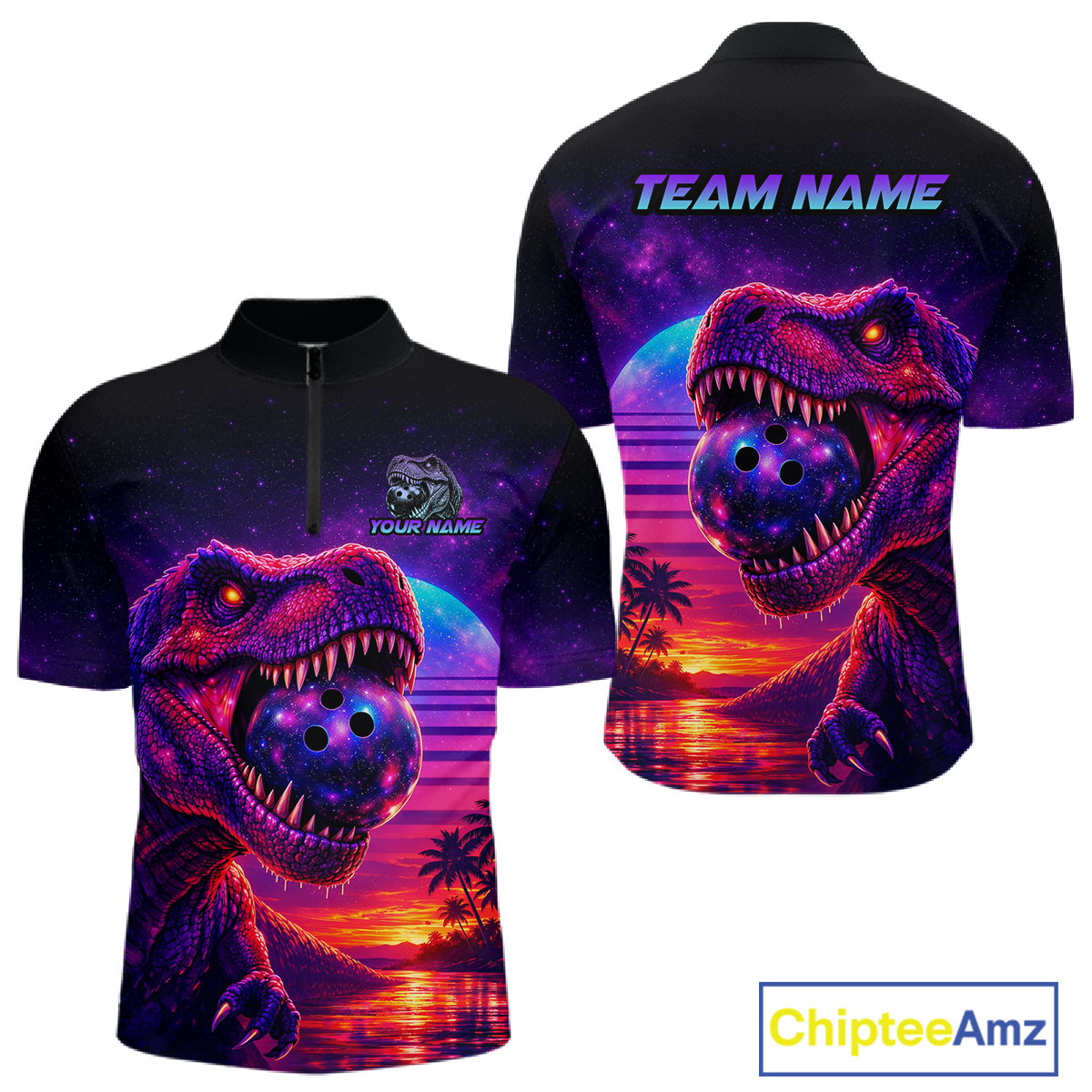 Custom Retro Galaxy Dinosaur Bowling Jersey for Men Bowling Shirts for Team Polo & 1/4 Zip HNT245