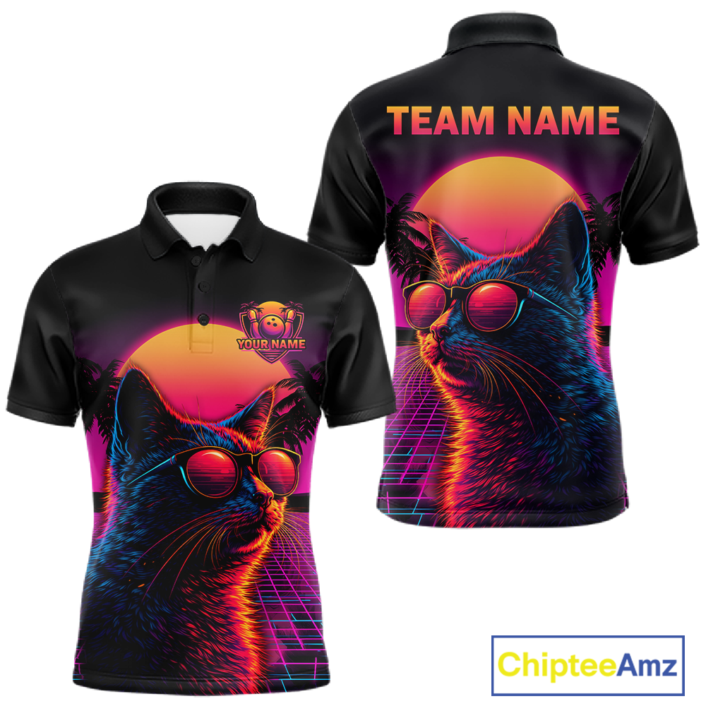 Custom Funny Cat Retro Sunset Bowling Jersey for Men Bowling Uniform Bowling Team Shirts HNT279