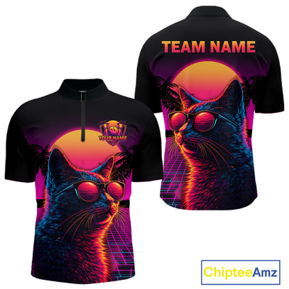 Custom Funny Cat Retro Sunset Bowling Jersey for Men Bowling Uniform Bowling Team Shirts HNT279