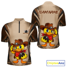 Load image into Gallery viewer, Beige shirt with cartoon duck in cowboy hat design on front and back, customizable text areas.