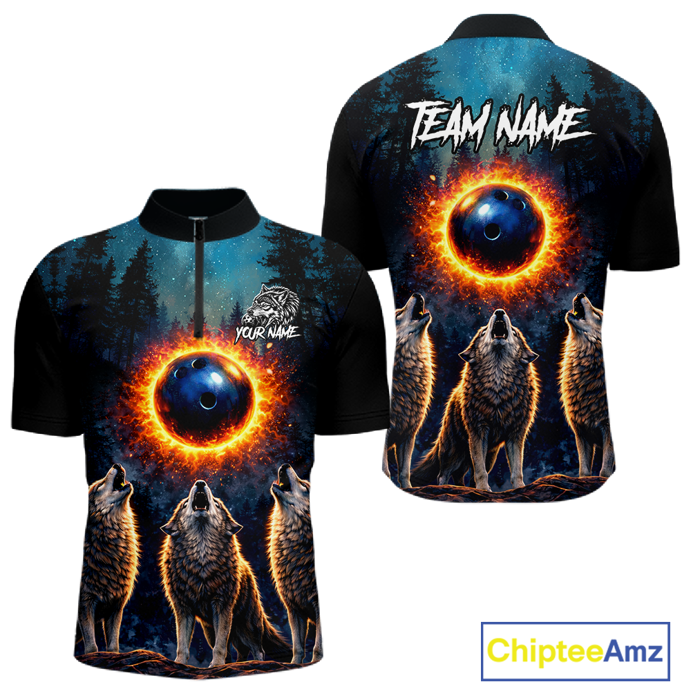 Flame Wolf Bowling Jersey for Men Bowling Uniform Polo &1/4 Zip Custom Bowling Team Shirts HNT252