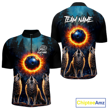 Flame Wolf Bowling Jersey for Men Bowling Uniform Polo &1/4 Zip Custom Bowling Team Shirts HNT252