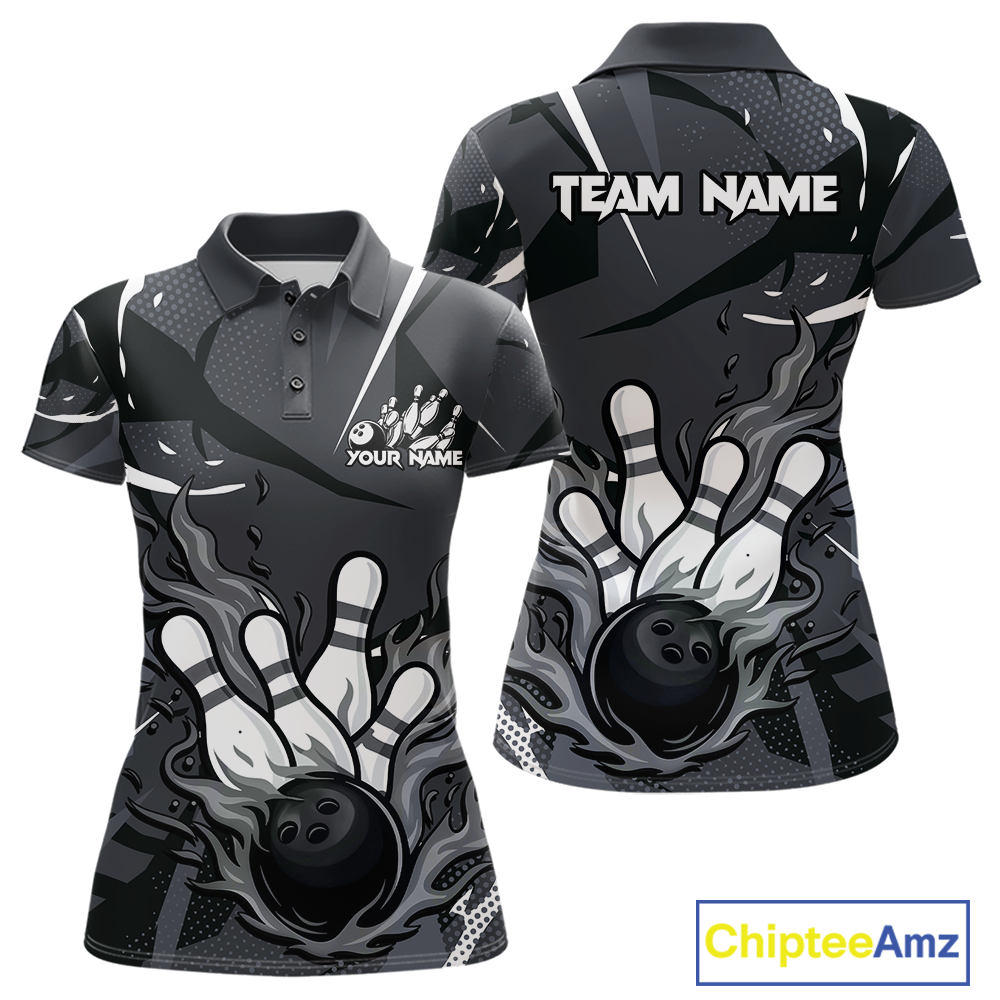 Custom Flame Bowling Jersey for Women Polo & 1/4 Zip Bowling Team Shirts Bowling League HNT151