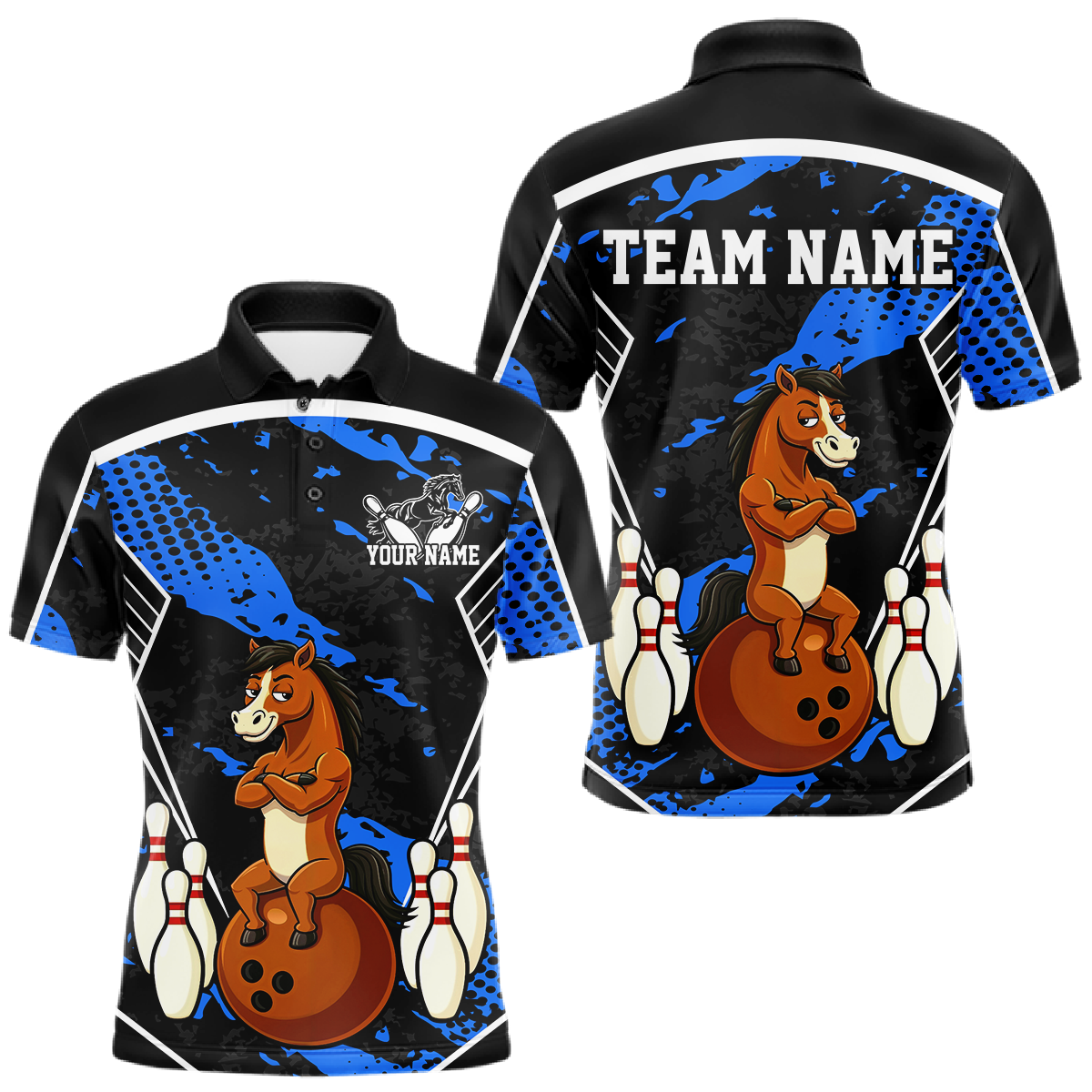 Custom Blue Funny Horse Bowling Tournament Jersey for Men Bowling Team Shirts Polo & 1/4 Zip HNT180