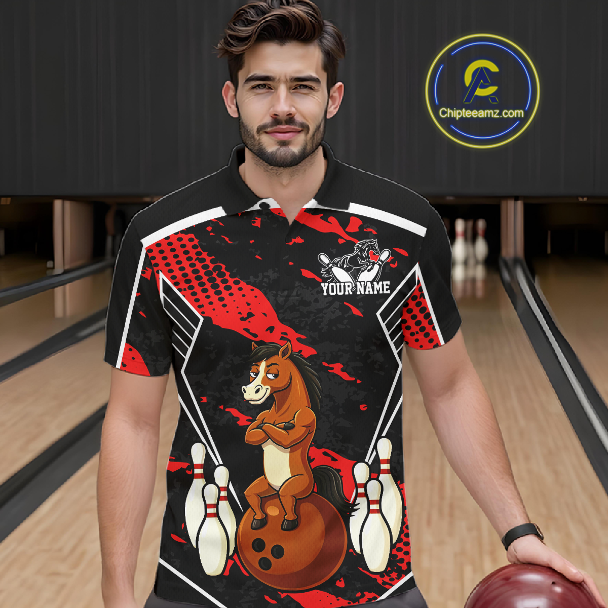 Custom Red Funny Horse Bowling Tournament Jersey for Men Bowling Team Shirts Polo & 1/4 Zip HNT180