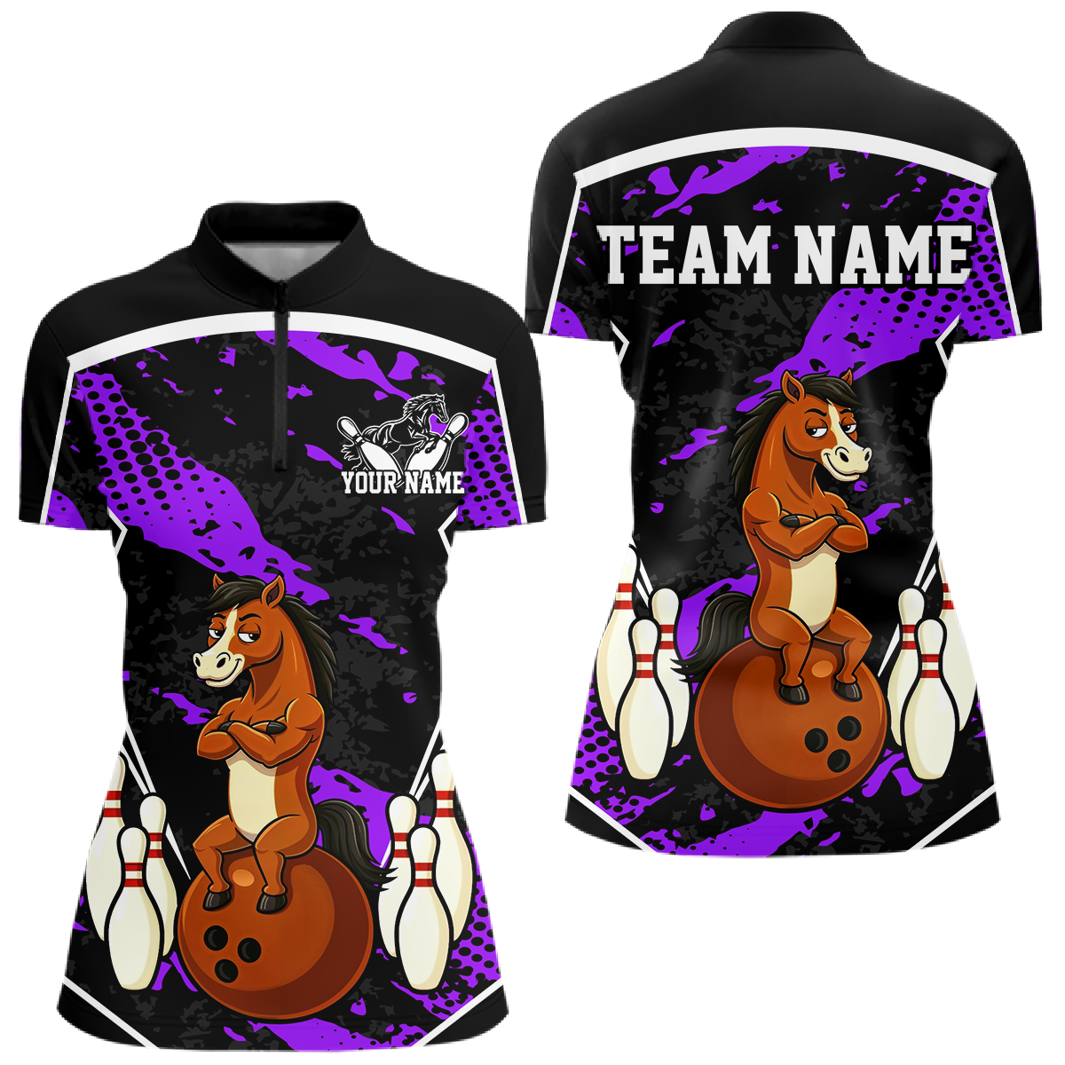 Custom Purple Funny Horse Bowling Tournament Jersey for Women Bowling Team Shirts Polo & 1/4 Zip HNT180