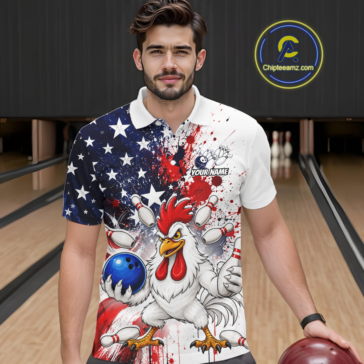Men’s us flag chicken bowling polo shirt, front view on male model in bowling lane 