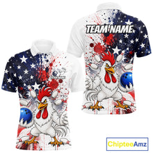 Load image into Gallery viewer, Custom us flag chicken bowling jersey for men, personalized team bowling polo shirt front view and back view 