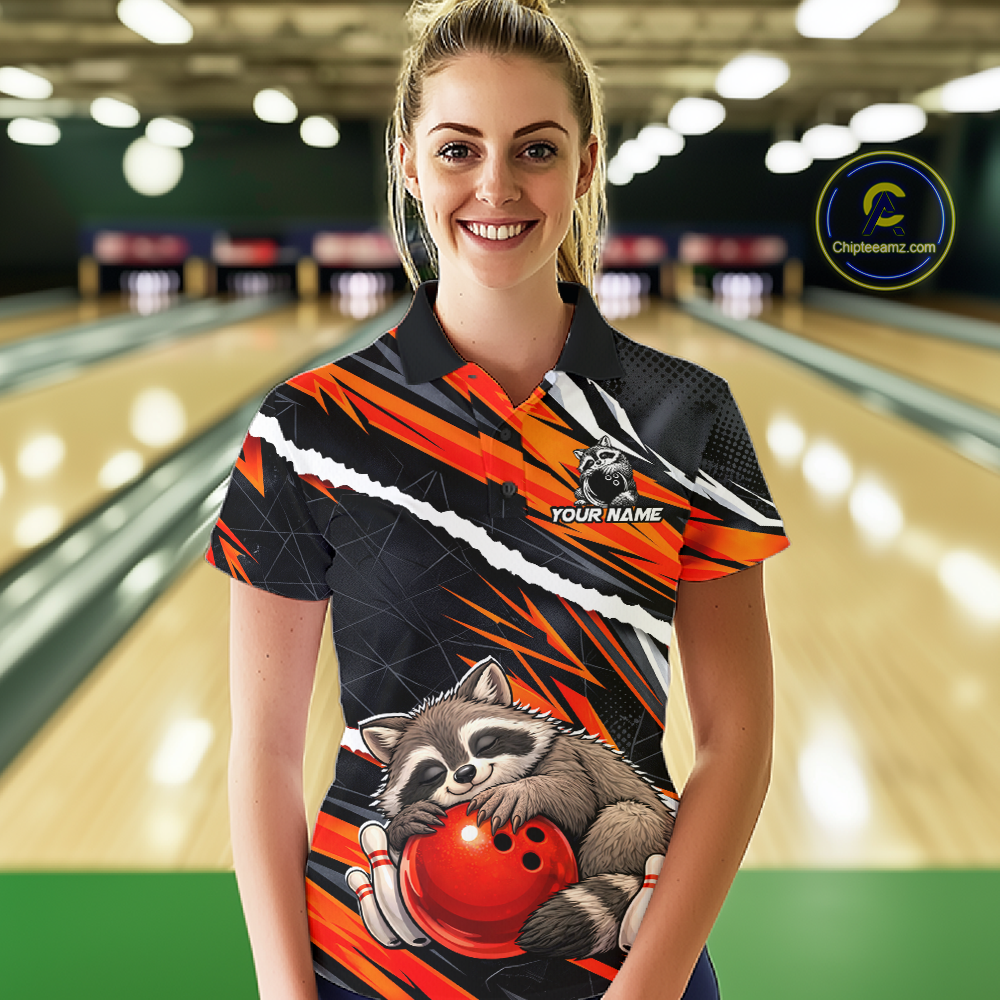 Custom Orange Raccoon Funny Bowling Jersey for Women Bowling Team Shirts Polo & 1/4 Zip HNT247