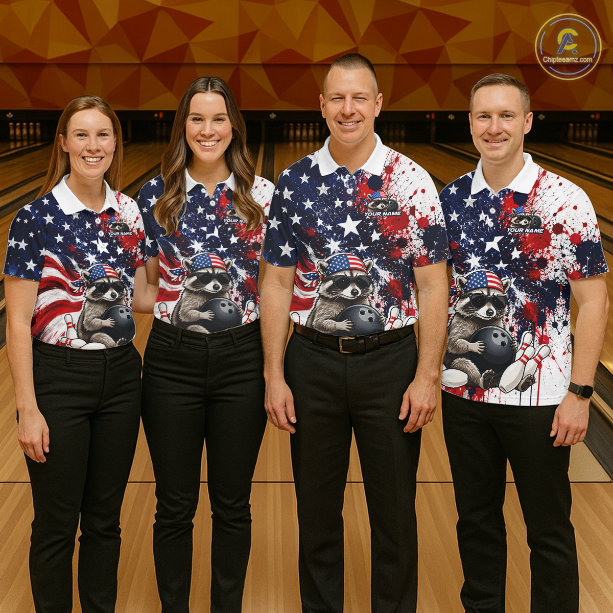 Custom US Flag Raccoon Bowling Shirt for Women Bowling Team Shirts Bowling Tournament HNT331