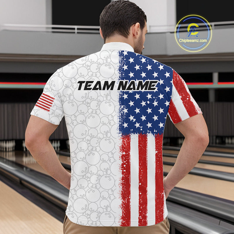 A man viewed from behind wearing a short-sleeve bowling shirt with a distressed American flag design on the back and a bowling pin pattern on the left side. The shirt has 'TEAM NAME' printed across the upper back.