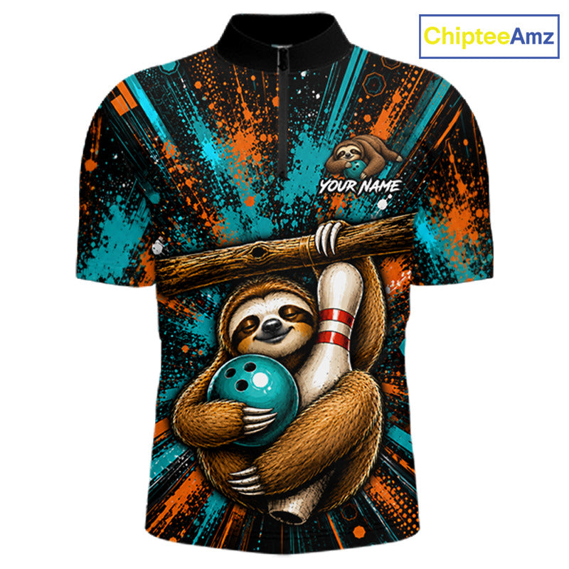 A short-sleeve quarter-zip bowling-themed graphic shirt featuring a sloth holding a bowling ball and pins, with teal, orange, and black abstract paint splatter background and a customizable name print on the chest.