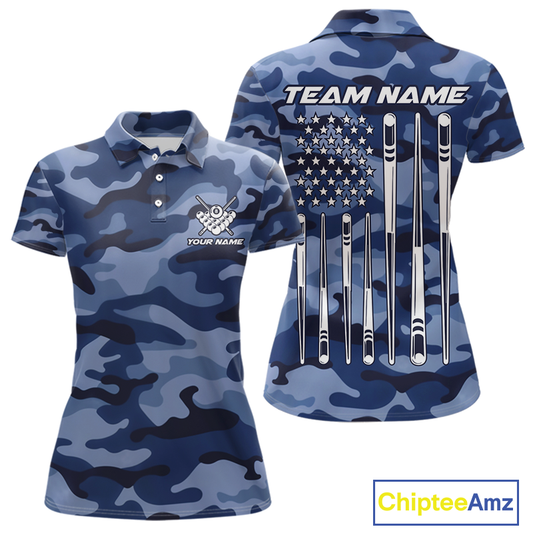 Custom Blue Camo 8 Ball Billiard Shirts for Women Billiard League Billiard Team Shirts NNT106