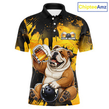 Load image into Gallery viewer, Polo shirt with a bulldog holding a beer and a bowling ball, featuring ChipteeAmz branding.