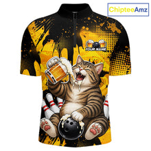 Load image into Gallery viewer, Cycling jersey with a cat holding a beer and bowling ball design, branded 'ChipteeAmz'.