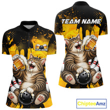 Load image into Gallery viewer, Polo shirt with a cat bowling design on a yellow and black background, featuring 'Chiptee Amz' branding.