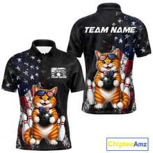 Load image into Gallery viewer, Custom US Flag Cat Bowling Shirt for Men Bowling League Patriotic Bowling Team Shirts HNT335