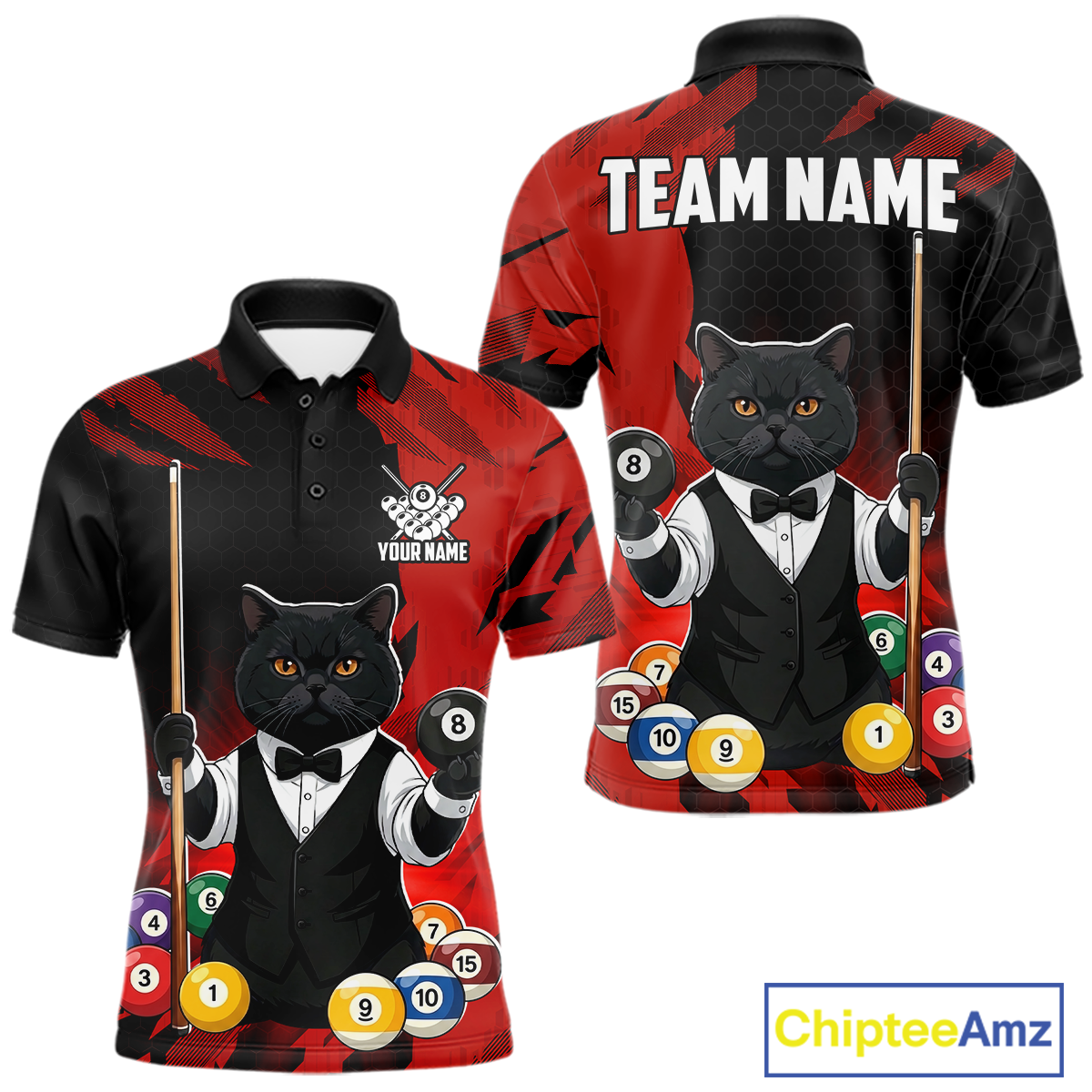 Custom Black Cat 8 Ball Pool Shirts Red Billiard Shirt for Men Billiard Team Jersey Billiard Gift NNT181