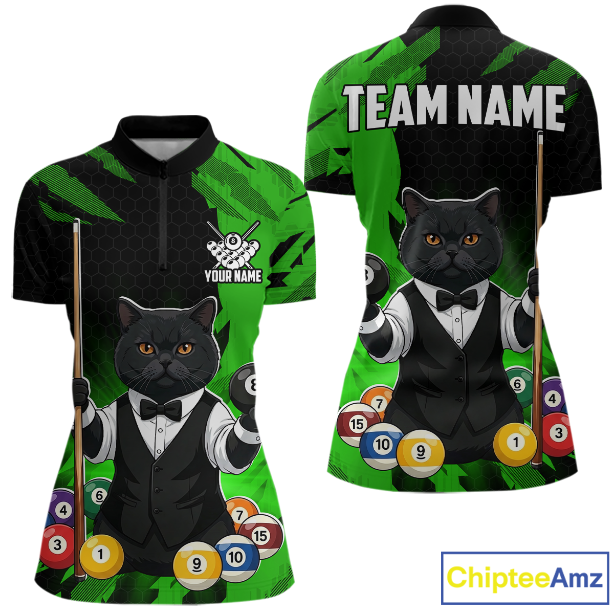 Custom Black Cat 8 Ball Pool Shirts Green Billiard Shirt for Women Billiard Team Jersey Billiard Gift NNT181