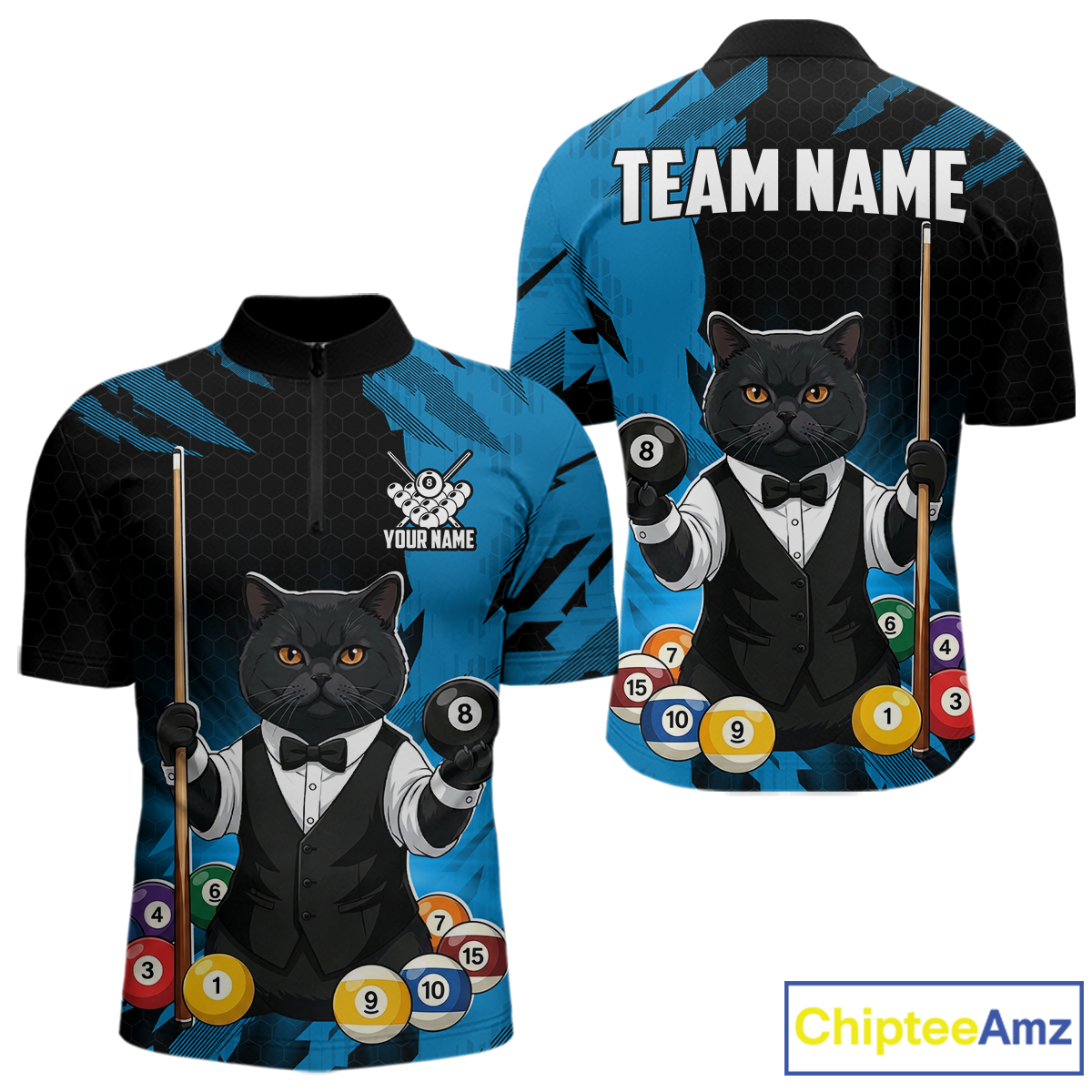 Custom Black Cat 8 Ball Pool Shirts Blue Billiard Shirt for Men Billiard Team Jersey Billiard Gift NNT181