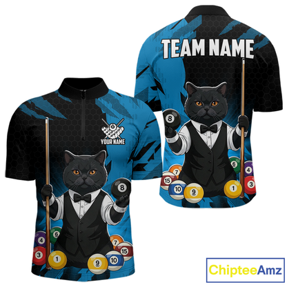 Custom Black Cat 8 Ball Pool Shirts Blue Billiard Shirt for Men Billiard Team Jersey Billiard Gift NNT181