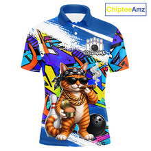 Load image into Gallery viewer, Colorful polo shirt with a cat graphic and 'Chiptee Amz' branding.