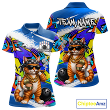 Load image into Gallery viewer, Women polo colorful a funny cat design and 'Chiptee Amz' branding.