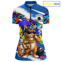 Load image into Gallery viewer, Women quarter zip Colorful shirt with a cat graphic and bowling elements, branded 'ChipteeAmz'.