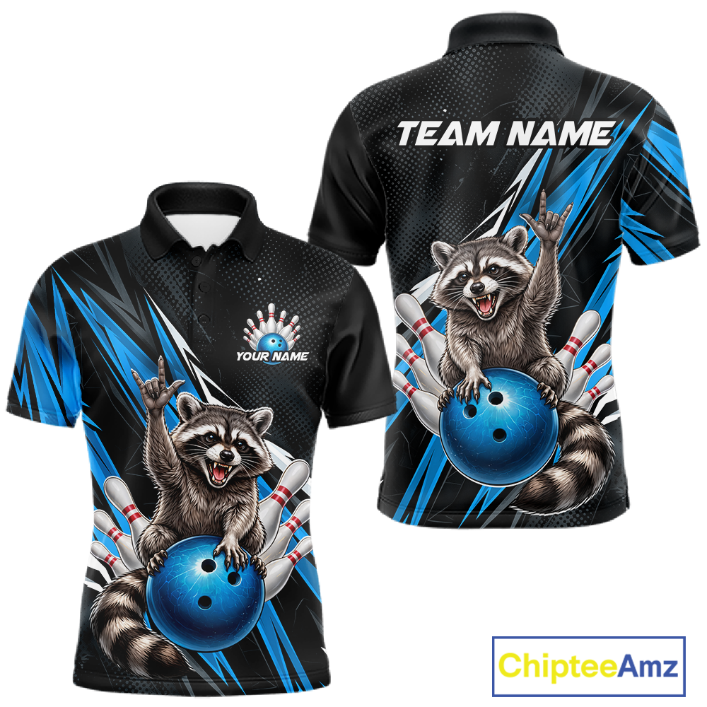 Custom Turquoise Raccoon Bowling Jersey for Men Bowling Team Shirts Bowling Polo & 1/4 Zip HNT254