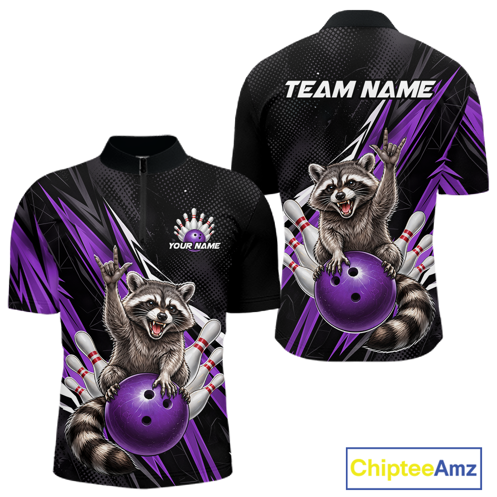 Custom Purple Raccoon Bowling Jersey for Men Bowling Team Shirts Bowling Polo & 1/4 Zip HNT254