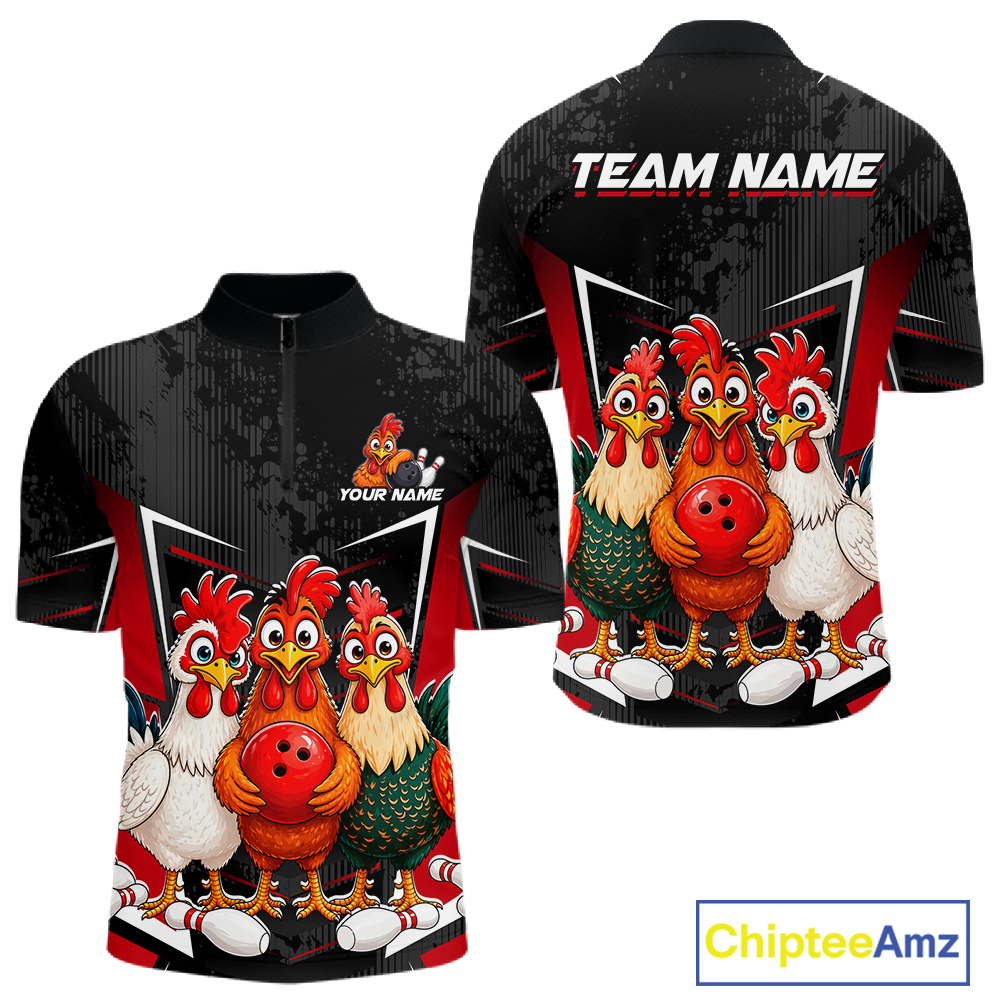 Red Funny Three Chicken Bowling Jersey for Men Bowling League Bowling Team Shirts HN287