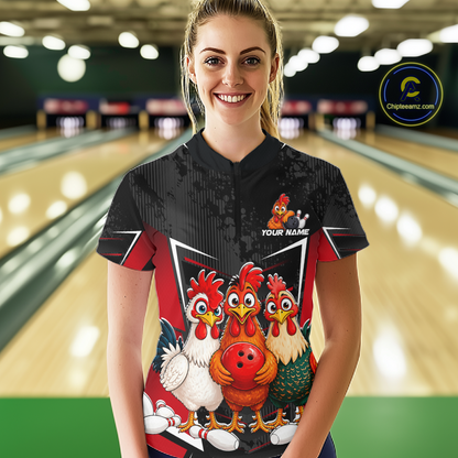 Red Funny Three Chicken Bowling Jersey for Women Bowling League Bowling Team Shirts HN287