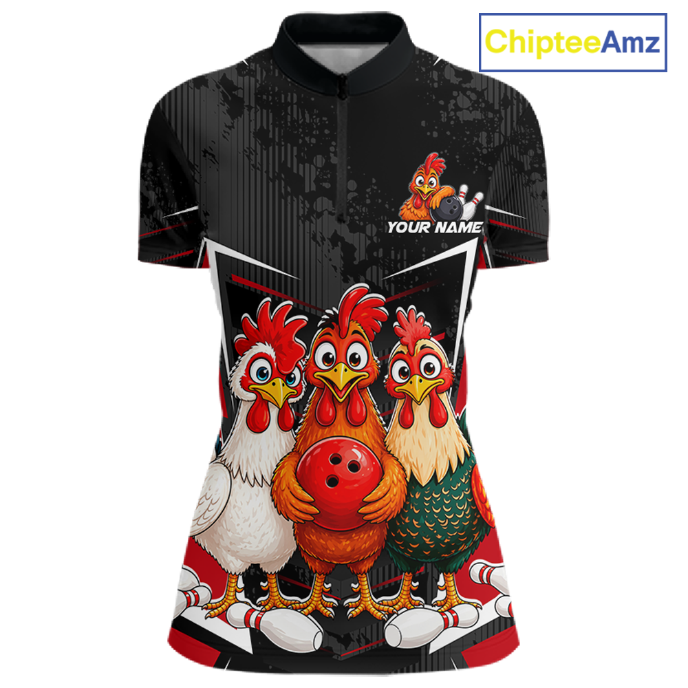Red Funny Three Chicken Bowling Jersey for Women Bowling League Bowling Team Shirts HN287