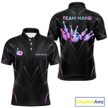 Load image into Gallery viewer, Black polo shirt with colorful bowling design and 'Team Name' text on a white background