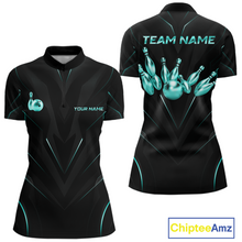 Load image into Gallery viewer, Black bowling shirt with teal graphics and text on a white background
