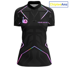 Load image into Gallery viewer, Black sports jersey with geometric patterns and a bowling ball logo on a white background, branded 'ChipteeAmz'.