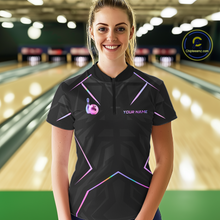 Load image into Gallery viewer, Woman wearing a black bowling shirt with colorful designs and 'Your Name' text in a bowling alley.